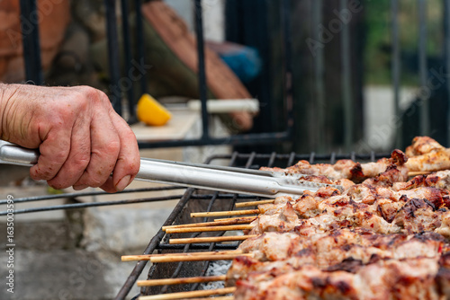 Greek traditional Soulvaki (plural souvlakia). A popular delicious Greek food consisting of small pieces of meat on a skewer. A practice historically dates back to the Bronze Age and Mycenaean Greece.
