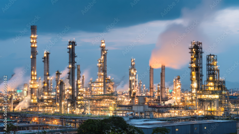 Obraz premium A large industrial oil refinery and chemical plant is illuminated at dusk. Image captures heavy industry, energy production, and complex infrastructure of petrochemical manufacturing and global trade.