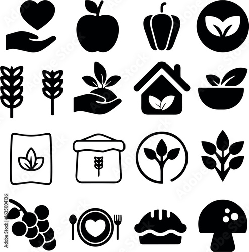 Organic food and agriculture icons set, healthy eating symbols, eco-friendly farming, fresh produce, natural ingredients, sustainable lifestyle vector illustration