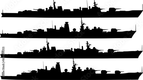 "Technical illustration of multiple classes of naval ships in silhouette form, black on white, showcasing turrets, radar masts, and superstructure, arranged in a grid-like horizontal and vertical patt