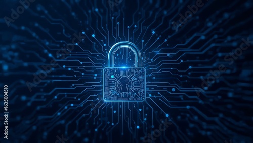 A glowing blue padlock overlayed on a circuit board pattern against a dark blue background