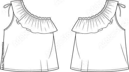 Cute children's blouse with lace yoke, pleated hem, and flutter sleeves, a flat vector technical sketch