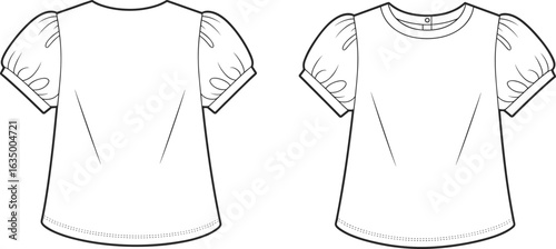 Cute infant baby puff sleeve t-shirt with button back opening, a flat vector technical sketchCute infant baby puff sleeve t-shirt with button back opening, a flat vector technical sketch