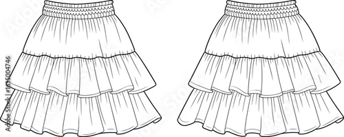 Cute high-waisted tiered ruffle mini skirt with elasticated waist, a flat vector technical sketchCute high-waisted tiered ruffle mini skirt with elasticated waist, a flat vector technical sketch