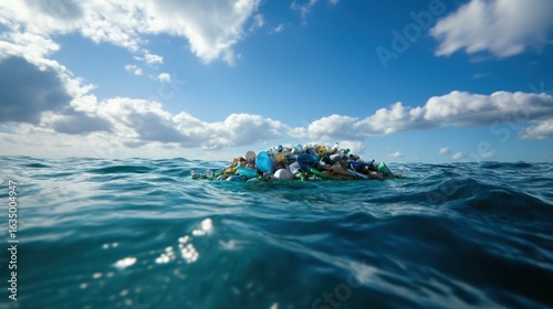Marine plastic pollution heap of garbage waste floating on ocean surface environmental threat