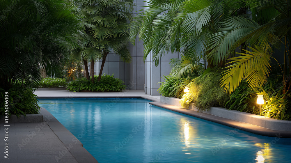 Fototapeta premium Tropical Poolside Oasis with Relaxing Greenery and Gentle Light