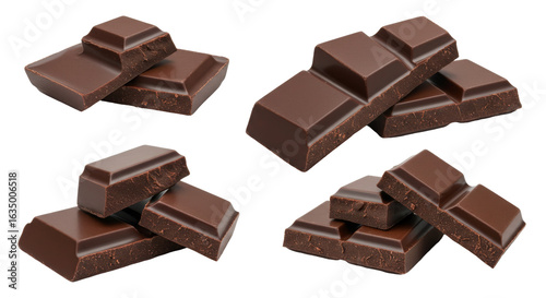 3d realistic isolated vector icon set, pieces of milk or dark chocolate isolated on white transparent background, PNG 