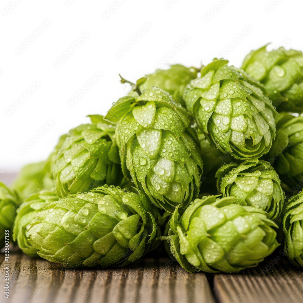 Fototapeta premium A plentiful pile of fresh green hop cones resting on a wooden surface isolated on white background