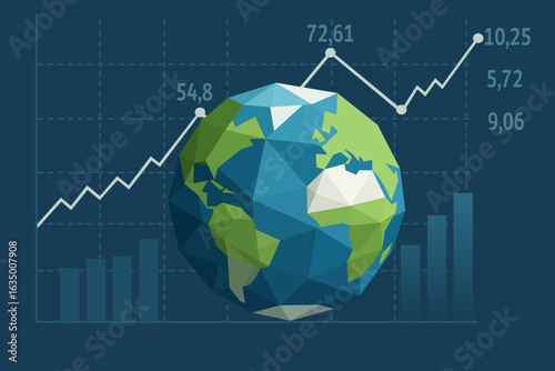 Origami-Style Globe with Financial Data Overlays – Global Economy Concept, Vector Illustration