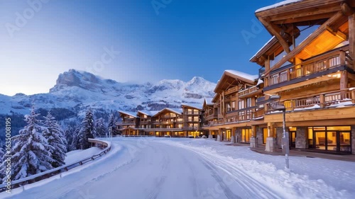 Luxury mountain chalet resort complex in winter