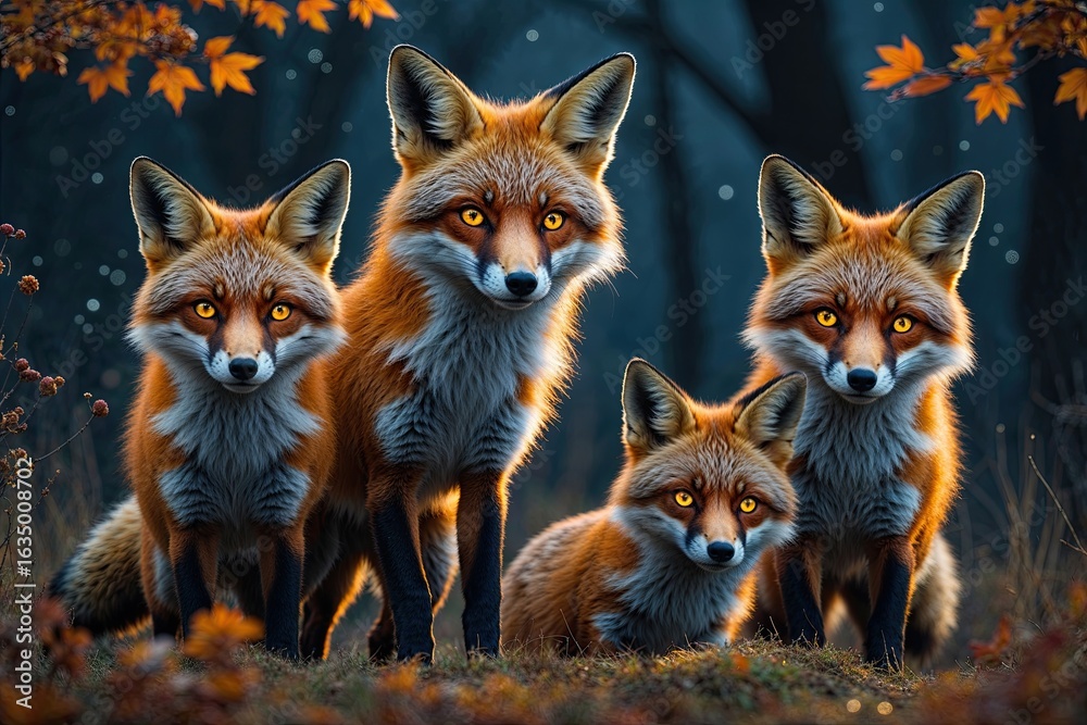 Fototapeta premium Four Skittish Foxes with Sparkling Eyes in a Mystical Autumn Night
