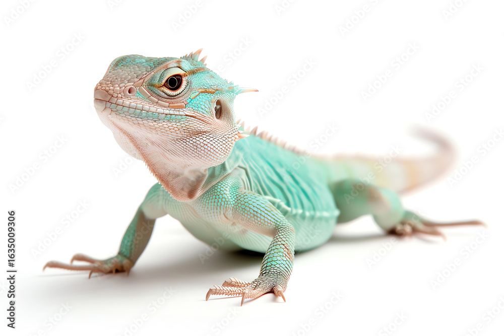 Fototapeta premium A vibrant teal lizard poses elegantly against a white background, showcasing its unique colors and textures, perfect for nature lovers.