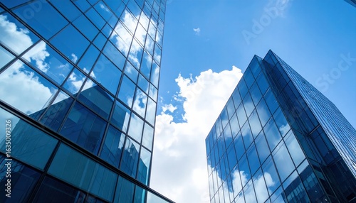 Modern Glass Skyscrapers Reflecting Clouds Against a Blue Sky in an Urban Environment