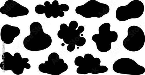 Collection of Abstract Black Ink Blots:  Modern, Minimalist, Graphic Design Elements for Branding and Web Design.
