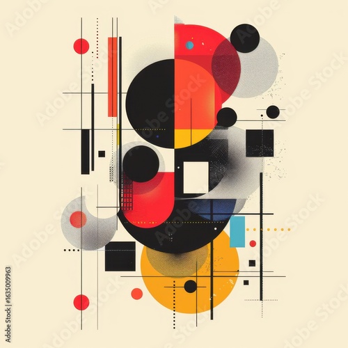 Abstract, geometric composition with circles and lines in Bauhaus style. A cover for a playlist with minimalist, electronic, or experimental music.