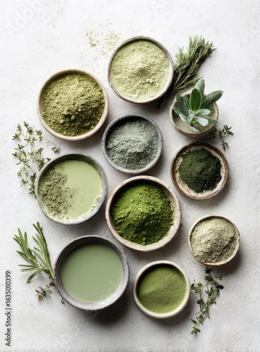 Assorted green powders and herbs in small bowls on a light background, showcasing various shades and textures