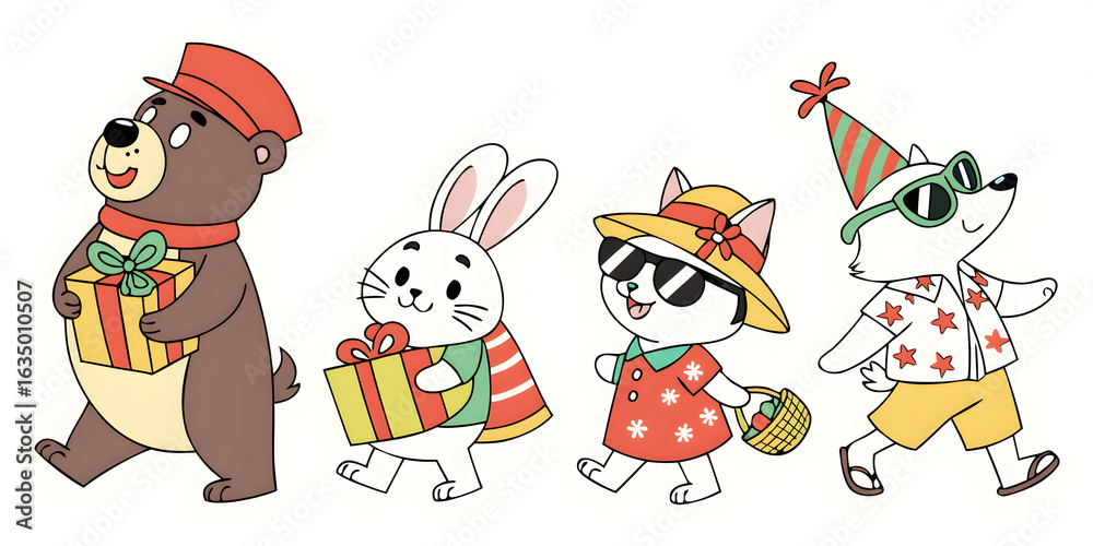 Naklejka premium Cartoon bear rabbit cat and dog characters in holiday outfits walking with gifts and baskets