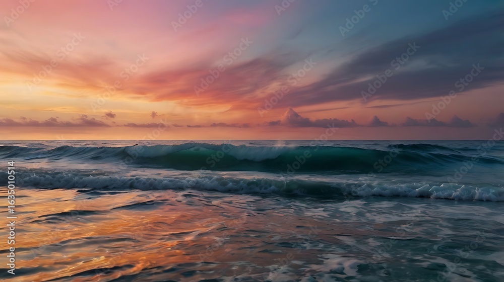 Fototapeta premium Ocean waves rolling towards the shore under a colorful sunset sky with clouds and reflections seen