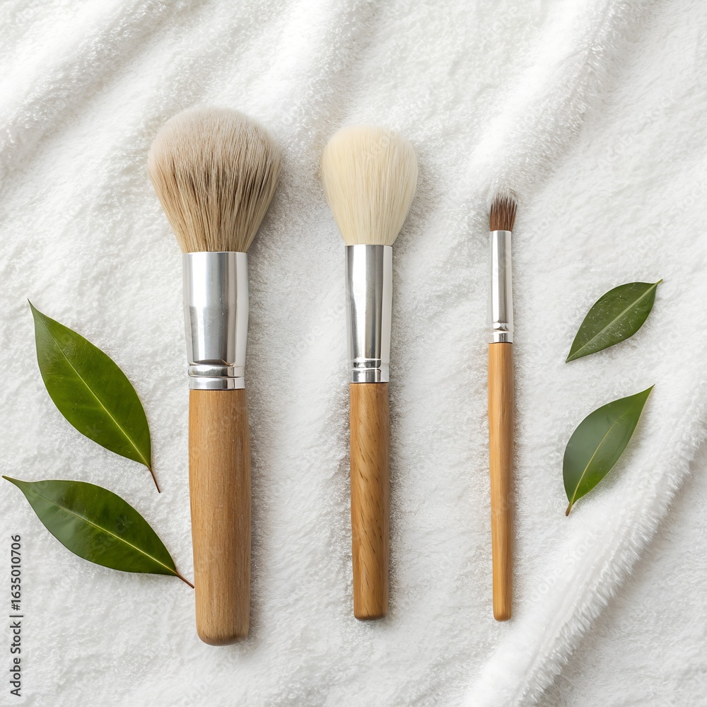 Fototapeta premium A flat lay of three makeup brushes with wooden handles on a white towel, with a green leaf