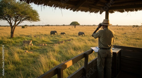 Wallpaper Mural Ranger's View from Thatched Lookout: Lions and Elephants on the Golden Savanna Torontodigital.ca