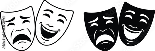 Theatrical mask icon set. Comedy and tragedy masks for holiday festival, theater and masquerade, isolated on transparent background. Drama and comedy theater mask icon design. Vector illustration.