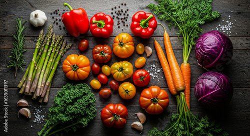 Variety of fresh vegetables and herbs on a wooden surface