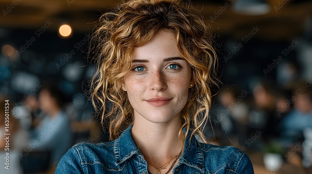 Obraz premium Woman with curly hair wearing a denim shirt smiles in an indoor setting.