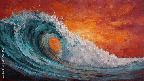 A painting of a wave with a red and orange sky in the background
