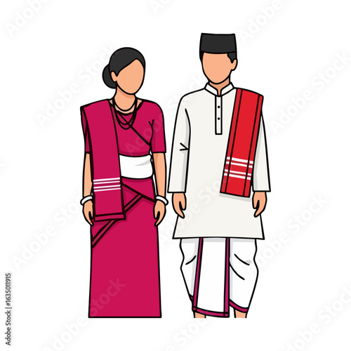 Bodo Tribal Dokhona Gamosa Jor Couple Vector - Assam Traditional Cultural Logo