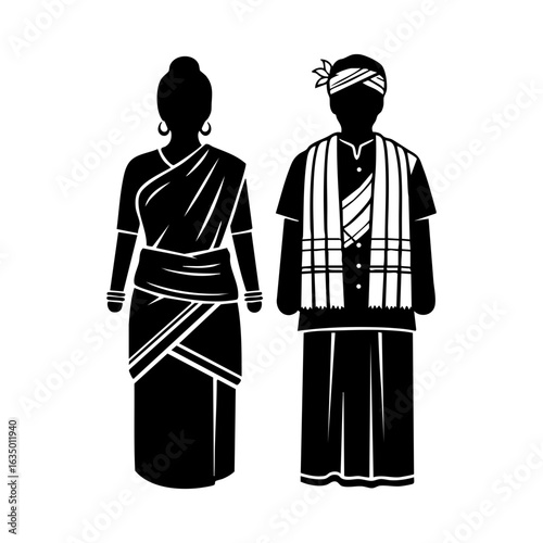 Bodo Tribal Dokhona Gamosa Jor Couple Vector - Assam Traditional Cultural Logo