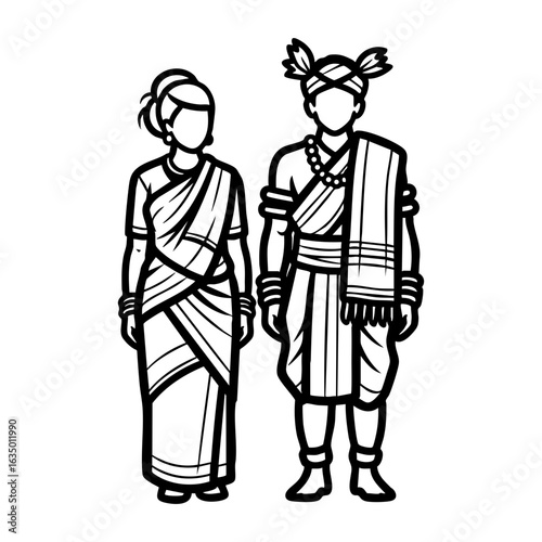 Bodo Tribal Dokhona Gamosa Jor Couple Vector - Assam Traditional Cultural Logo