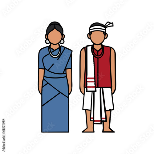 Bodo Tribal Dokhona Gamosa Jor Couple Vector - Assam Traditional Cultural Logo