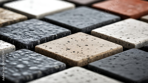 A close up shot showcasing an array of square tiles with varying color patterns and texture © Nasira Mai
