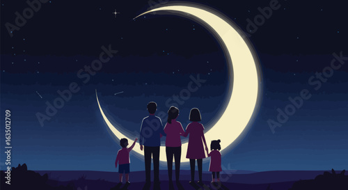 A family gazes at the ethereal crescent moon under a vast starlit sky nightscape