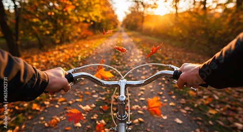 First-person view of cycling through a vibrant autumn forest path with golden sunlight and falling leaves