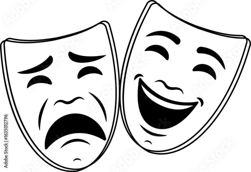 Theatrical mask icon. Comedy and tragedy masks for holiday festival, theater and masquerade, isolated on transparent background. Drama and comedy theater mask icon design. Vector illustration.