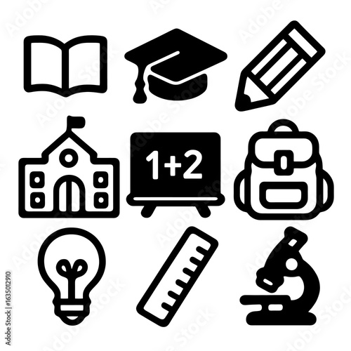 Black filled education icons: book, cap, pencil, backpack and more. Bold silhouette vector perfect for school branding, learning apps and academic projects.