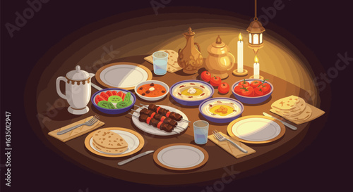 A lavish iftar feast with traditional dishes and elegant presentation for ramadan celebrations