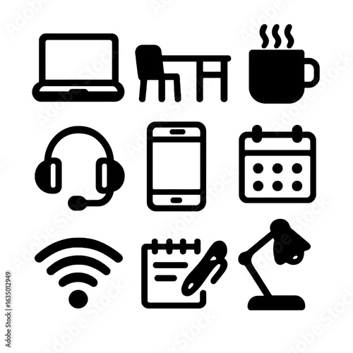 Set of 9 solid black home office icons including headset, Wi-Fi and notepad. Clean filled vector, thick lines, transparent background.