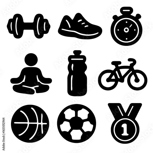 Black filled fitness icons: dumbbell, shoe, medal, ball and more. Bold silhouette vector perfect for gym branding, workout apps and sports events.