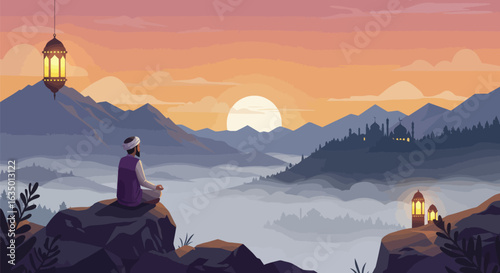 A serene illustration capturing a meditative moment amid a breathtaking sunset landscape with