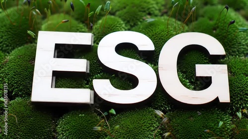 ESG acronym on moss; sprouting plants; green background; sustainability concept