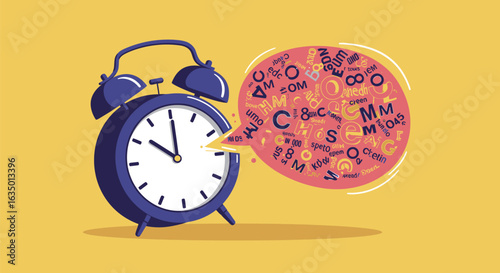 Alarm clock divulging linguistic expressions within a swirling dialogue cloud conveying the
