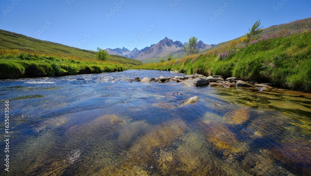 Crystal clear river flows through a green valley with mountains in background Crystal clear river flows through a green valley with mountains in background