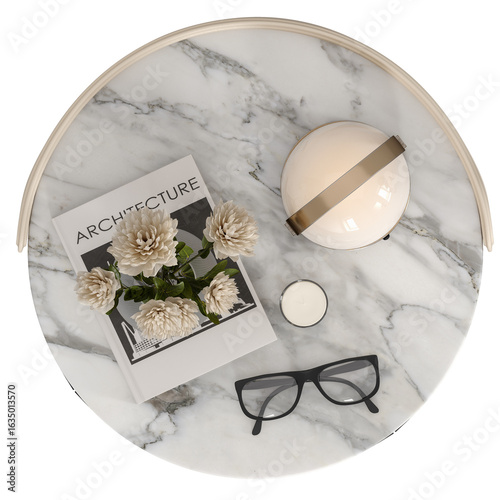 Foto Top view of leather and white marble nightstand with decoration set