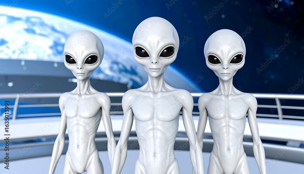Obraz premium Three aliens on a space platform