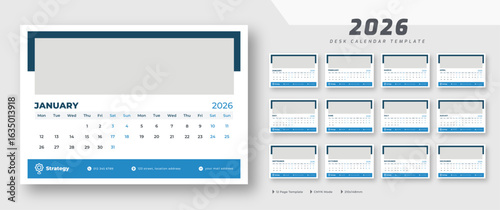 Desk calendar 2026 template | corporate desk calendar schedule 2026 monthly 12-page planner layout | week starts on Monday