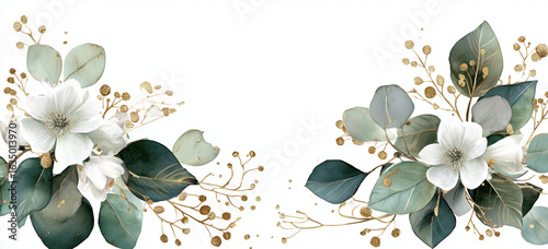 Floral watercolor illustration features gold accents, creating elegant texture for invitation design, wedding cards, or print products.