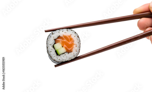 PNG chopsticks holding sushi maki roll with salmon and cucumber, Japanese food on transparent background