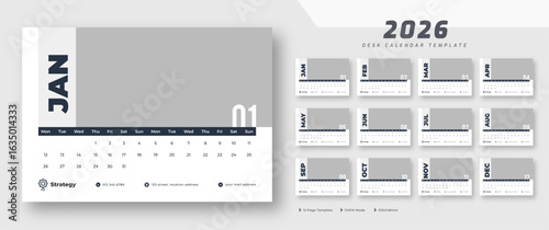 Desk calendar 2026 template | corporate desk calendar schedule 2026 monthly 12-page planner layout | week starts on Monday